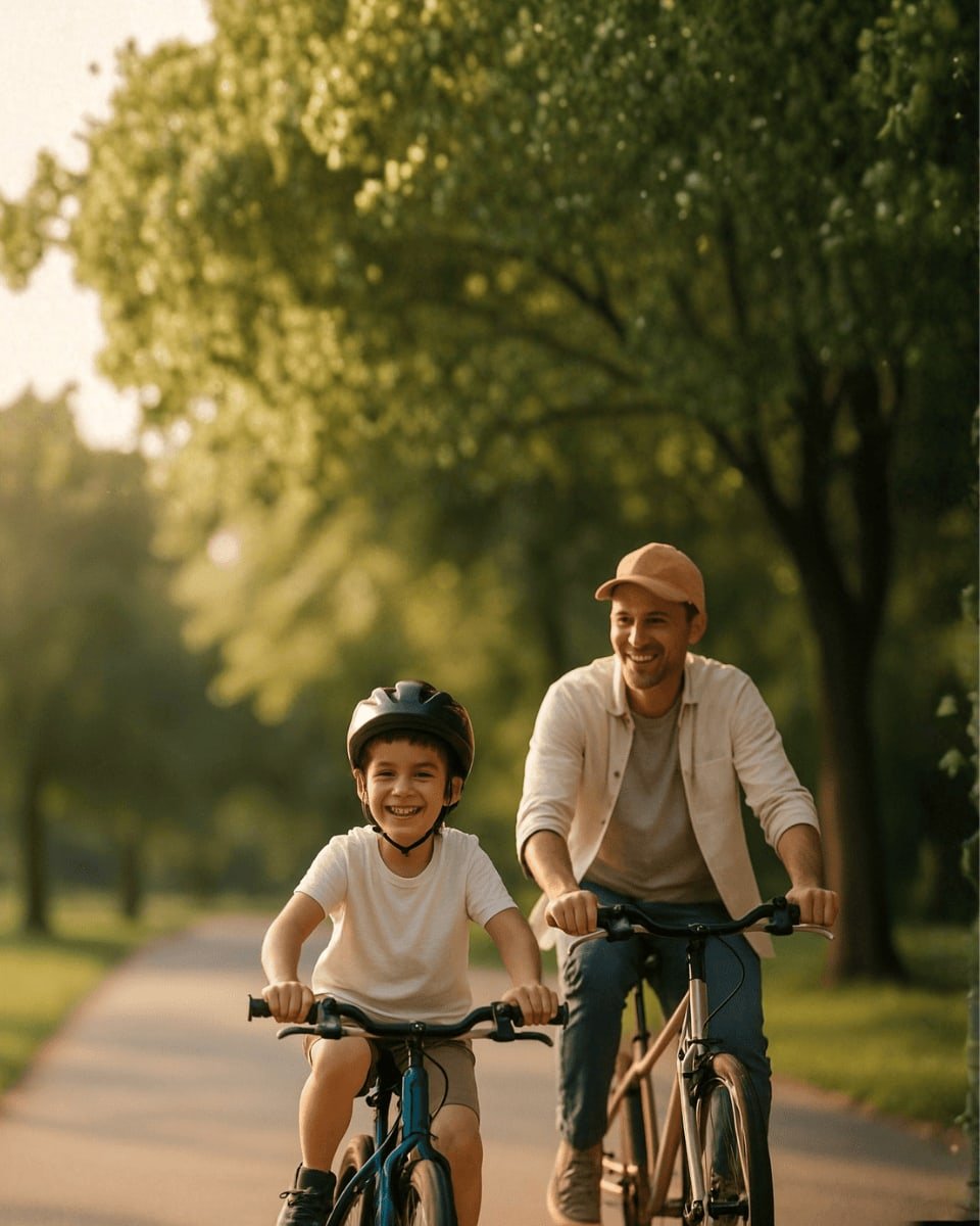 Pai e filho pedalando juntos num parque, ao pôr do sol