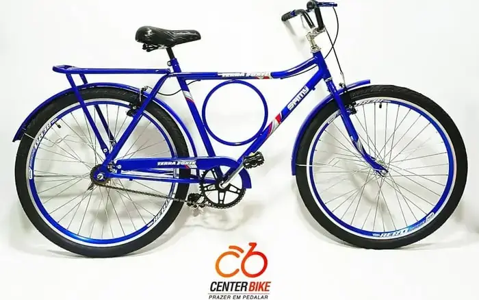 Bicicleta de passeio aro 26 azul, com para-lamas e bagageiro